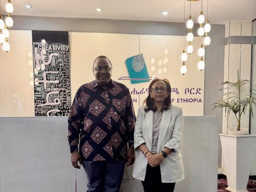 Uhuru Kenyatta, Head of the African Union Election Observation Mission, with NEBE Chairperson Melatwork Hailu during a meeting in Addis Ababa. PHOTO/@AUC_PAPS/X