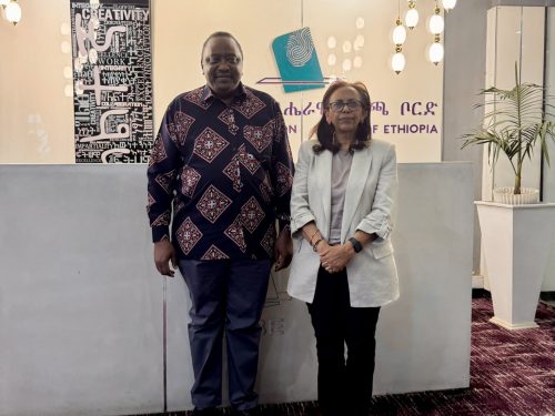 Uhuru Kenyatta, Head of the African Union Election Observation Mission, with NEBE Chairperson Melatwork Hailu during a meeting in Addis Ababa. PHOTO/@AUC_PAPS/X