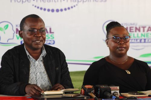 Stakeholders led by Kisumu County Mental Health Coordinator Raphael Ombura during a press briefing ahead of the mental wellness walk and expo.Photo:Viola Kosome