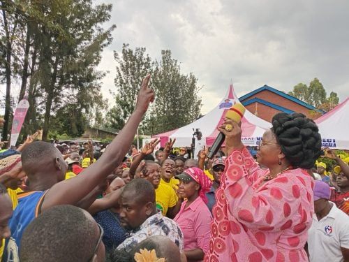 Vihiga county woman representative Beatrice Adagala addresses Luanda residents during the distribution of National government affirmative action fund on Saturday May 30, 2026. PHOTO/Enock Amukhale