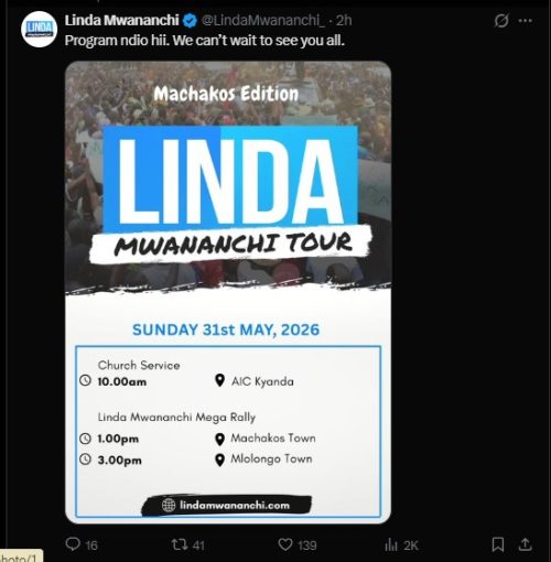 Part of a statement confirming Linda Mwananchi programme ahead of Machakos rally scheduled for Sunday May 31, 2026. PHOTO/Screengrab by PD Digital/@LindaMwananchi_/X