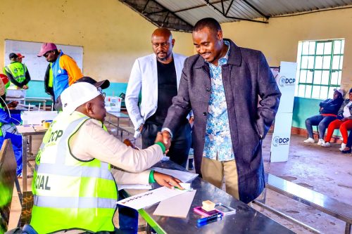 The Democracy for the Citizens Party (DCP) deputy party leader, Cleophas Malala, tours a plling station in Ol Kalou during the DCP party primaries. PHOTO/https://www.facebook.com/profile.php?id=61576451663013