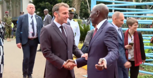 President William Ruto and his French counterpart Emmanuel Macron at the University of Nairobi on Monday, May 11, 2026. PHOTO/Screengrab by People Daily Digital from a video live-streamed by State House