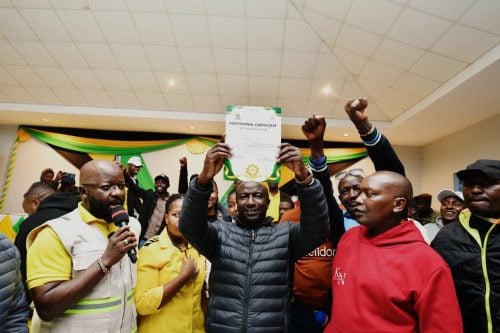 Samuel Muchina Nyaga displays a UDA nomination certificate after emerging victorious in the Ol Kalou nomination. PHOTO/@UDAKenya/X