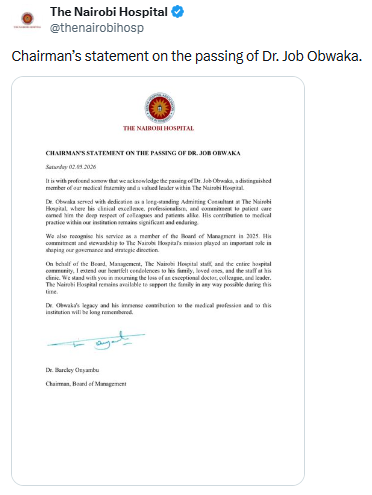 Statement by The Nairobi Hospital. PHOTO/Screengrab by People Daily Digital/@thenairobihosp/X