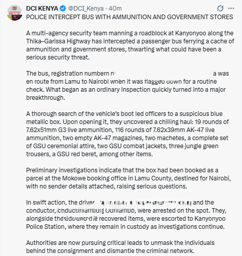 Statement by DCI. PHOTO/Screengrab by People Daily Digital/@DCI_Kenya/X