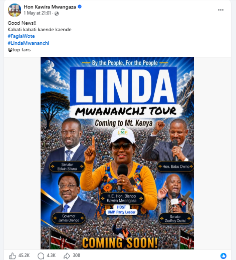 Facebook post by Kawira Mwangaza. PHOTO/Screengrab by People Daily Digital.