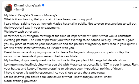 Facebook statement by Kimani Ichung’wah. PHOTO/Screengrab by People Daily Digital