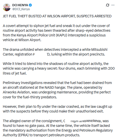 Statement on jet fuel interception case PHOTO/Screengrab by People Daily Digital/@DCI_Kenya/X