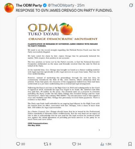 Statement by the Orange Democratic Movement. PHOTO/Screengrab by People Daily Digital/@TheODMparty/X