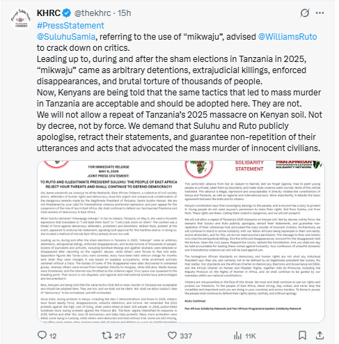 Statement by KHRC. PHOTO/Screengrab by People Daily Digital/@thekhrc/X