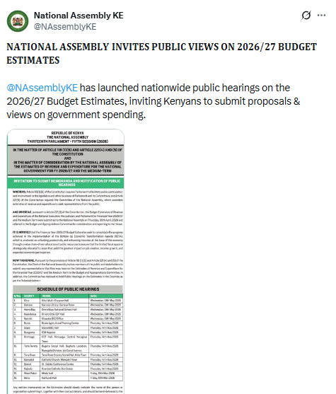 Notice by Parliament inviting public views on the 2026/27 budget. PHOTO/Screengrab by People Daily Digital/@NAssemblyKE/X