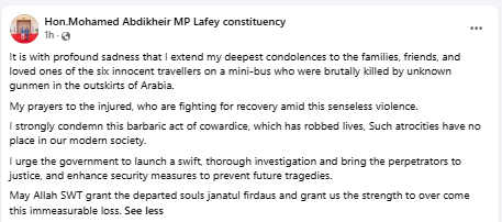 Facebook statement by Lafey MP condemning Mandera attack. PHOTO/Screengrab by People Daily Digital