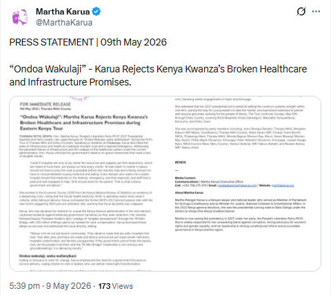 Statement by Martha Karua. PHOTO/Screengrab by People Daily Digital/@MarthaKarua/X