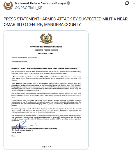 Statement by NPS. PHOTO/Screengrab by People Daily Digital/X