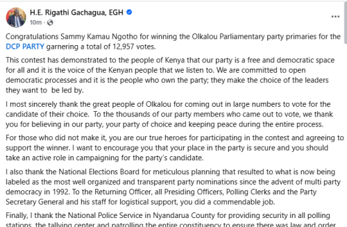 A statement from the former deputy president Rigathi Gachagua congratulating Kamau Ngotho for the win. PHOTO//Screengrab by People Daily Digital/https://www.facebook.com/DPGachagua