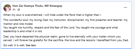 Facebook statement by Kinangop MP Zac Kwenya Thuku. PHOTO/Screengrab by People Daily Digital