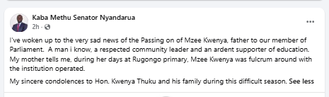 Facebook statement by Nyandarua Senator John Methu. PHOTO/Screengrab by People Daily Digital