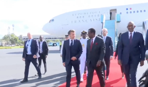 French President Emmanuel Macron arrives at JKIA on Sunday, May 10, 2026. PHOTO/Screengrab by People Daily Digital from a video streamed on X by @MusaliaMudavadi