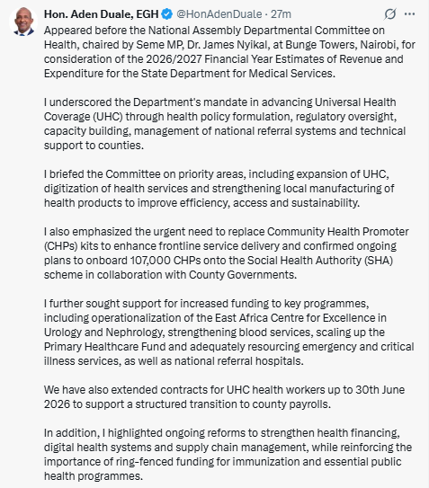 Statement on the 2026/27 health budget estimates. PHOTO/Screengrab by People Daily Digital/@HonAdenDuale/X