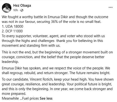A statement by the DCP secretary general hailing the party on its perffomance in emura Dikri. PHOTO//Screengrab by People Daily Digital/https://www.facebook.com/hezron.obaga