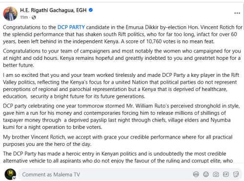 A statement from Rigathi Gachagua reacting to Vincent Rotich's Victory. PHOTO// Screengrab People Daily Digital/https://www.facebook.com/DPGachagua