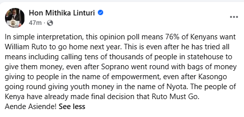 A statement by Mithika Linturi reacting to the Tifa polls. PHOTO//https://www.facebook.com/profile.php?id=100057976215291
