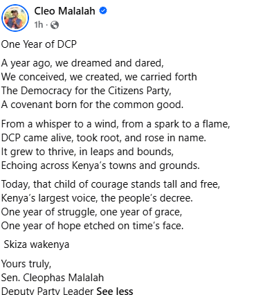 DCP deputy party leader celebrating first aniveasary of their party. PHOTO//https://www.facebook.com/cleophasmalalah/reels/