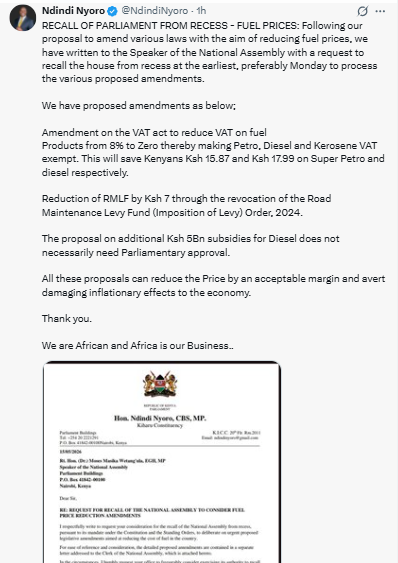 Statement on fuel price reduction push. PHOTO/Screengrab by People Daily Digital/@NdindiNyoro/X
