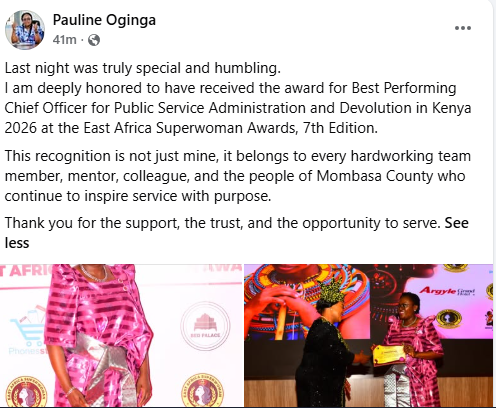 A statement from the Pau;ine Odhiambo Oginga after being recognised as the best chief officer in Kenya. PHOTO//Screengrab by People Daily Digital/https://www.facebook.com/tom.odongo.7777