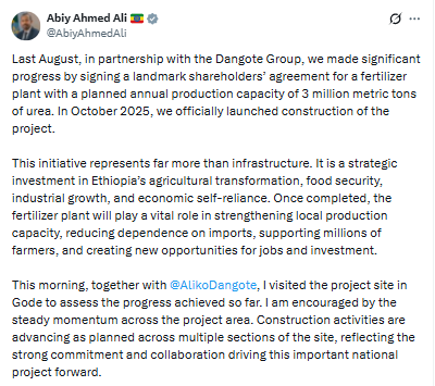 Statement on Aliko Dangote’s visit to the Gode fertiliser plant in Ethiopia. PHOTO/Screengrab by People Daily Digital / @AbiyAhmedAli / X