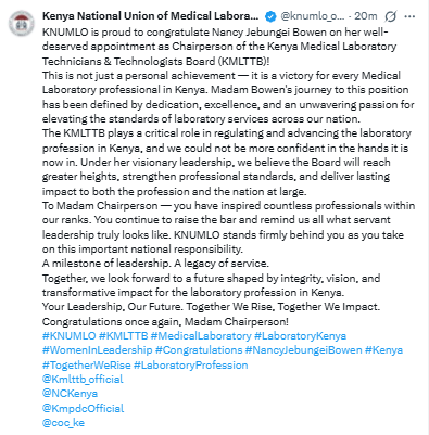 Statement on Nancy Jebungei’s appointment. PHOTO/Screengrab by People Daily Digital/@knumlo_official/X