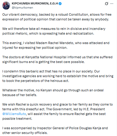 Statement by Kipchumba Murkomen after visiting Rachel Wandeto at Kenyatta National Hospital following the Mwiki attack. PHOTO/Screengrab by People Daily Digital/@kipmurkomen/X