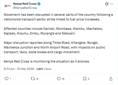 Statement on transport disruption by Kenya Red Cross. PHOTO/Screengrab by People Daily Digital/@KenyaRedCross/X