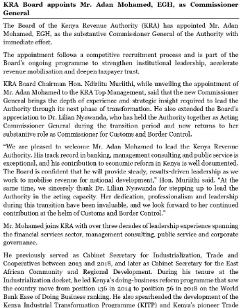 A statement by the KRA confirming the appointment of Adan Mohhamed as the KRA Director General. PHOTO//https://www.facebook.com/KRACare