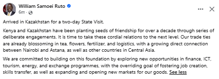 Facebook post by William Samoei Ruto on arrival in Astana, Kazakhstan. PHOTO/Screengrab by People Daily Digital