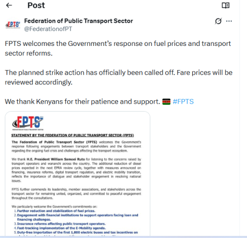 A statement by The Federation of Public Transport Sectors (FPTS) on Friday, may22,2026 .PHOTO/@FederationofPT/X