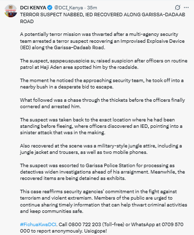 Statement on the terror incident. PHOTO/Screengrab by People Daily Digital/@DCI_Kenya X