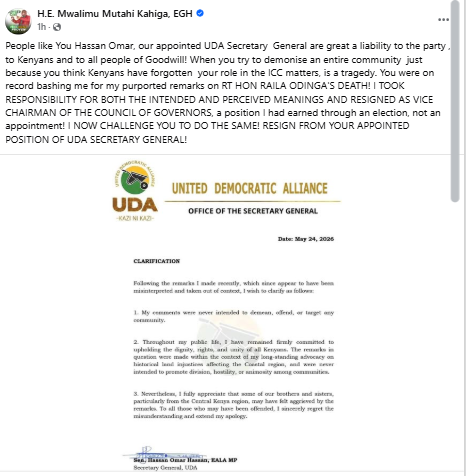 Mutahi Kahiga’s Facebook post calling for Hassan Omar’s resignation as UDA Secretary General. PHOTO/Screengrab by People Daily Digital/Facebook