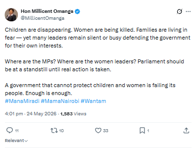 Statement on rising cases of violence against women. PHOTO/Screengrab by People Daily Digital/@MillicentOmanga/X