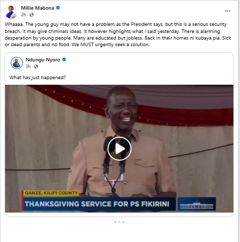 Facebook statement by Millie Odhiambo. PHOTO/Screengrab by People Daily Digital