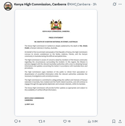 Statement on death of Kenyan woman in Sydney, Australia
PHOTO/Screengrab by People Daily Digital/@KHC_Canberra/X