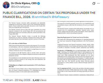 Statement on Finance Bill 2026 clarifications issued by the National Treasury. PHOTO/Screengrab by People Daily Digital/@DrChrisKiptoo/X