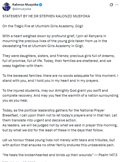 Statement on Utumishi Fire. PHOTO/ Screengrab by People Daily Digital/@skmusyoka/X