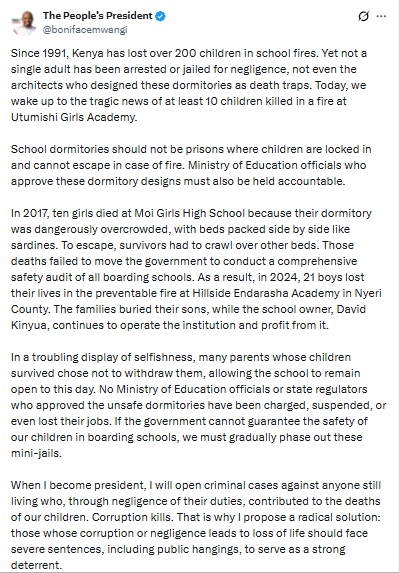 Statement on Utumishi fire by Boniface Mwangi. PHOTO/Screengrab by People Daily Digital/@bonifacemwangi/X