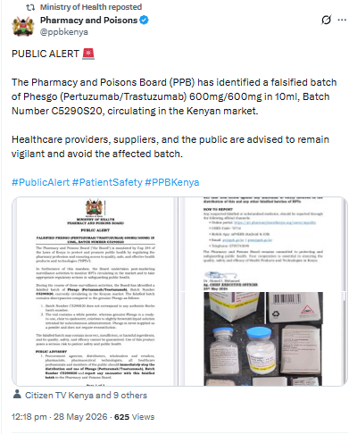 Statement on fake cancer drug Phesgo. PHOTO/Screengrab by People Daily Digital/@ppbkenya/X