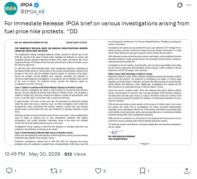 Statement on inquiry into protest-related deaths. PHOTO/Screengrab by People Daily Digital/@IPOA_KE/X