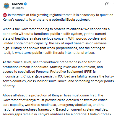 Statement on Kenya’s Ebola preparedness. PHOTO/Screengrab by People Daily Digital/@kmpdu/X