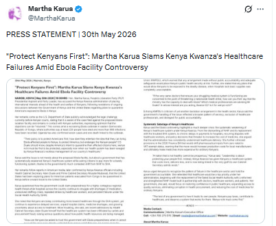 Statement on Kenya’s Ebola by Martha Karua. PHOTO/Screengrab by People Daily Digital/@MarthaKarua/X