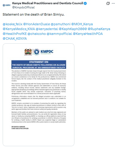 **Statement on the Incident. PHOTO/Screengrab by People Daily Digital/@KmpdcOfficial/X**